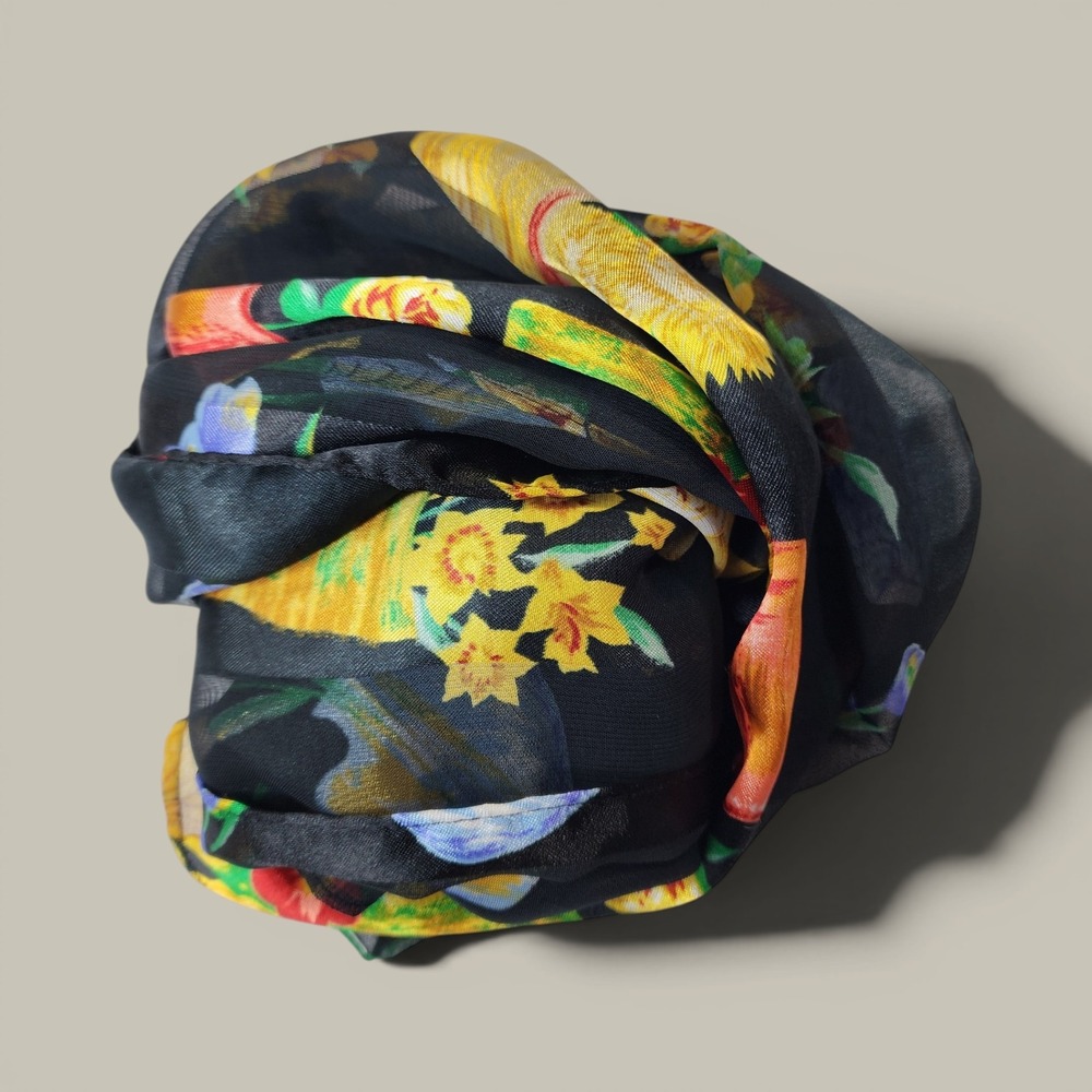 Beatrix Potter Floral Scarf Black Botanical Print Sheer Stripes Boho Cottagecore